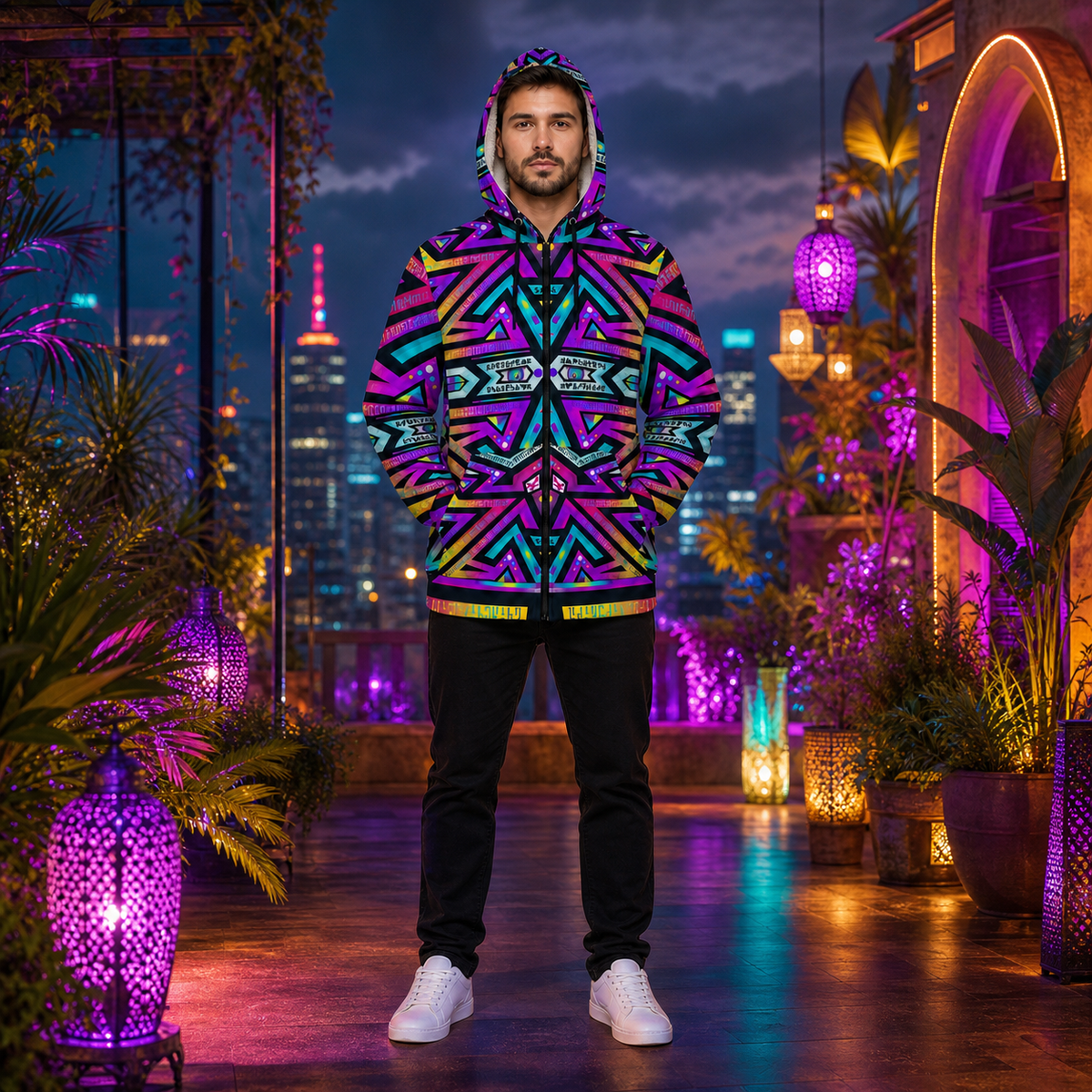 Mystic Mandala Micro Fleece Hoodie — colourful high-contrast lifestyle hero