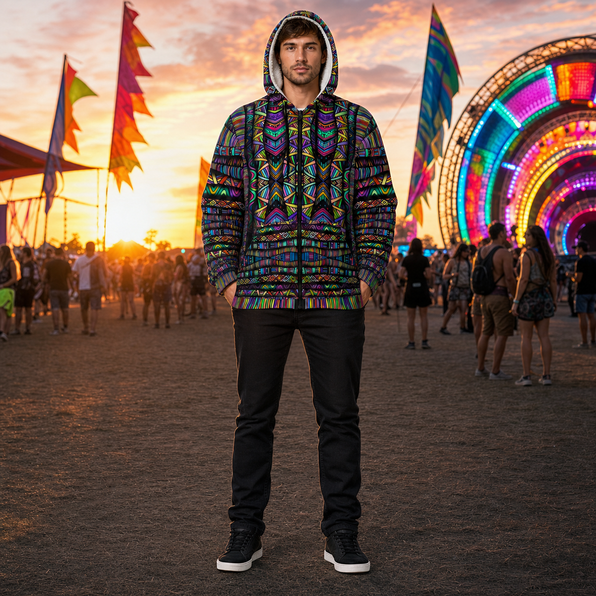 Rainbow Tribe Microfleece Zip-up Hoodie — colourful high-contrast lifestyle hero