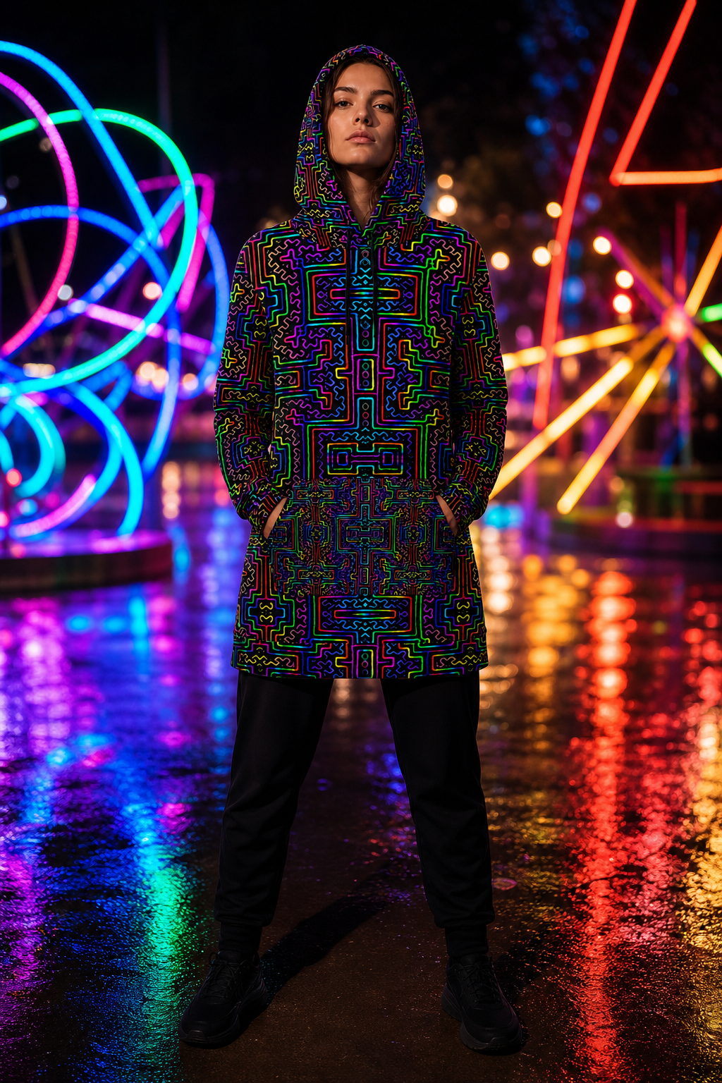 Lifestyle gallery — Prismatic Overlay Longline — front hero hood up