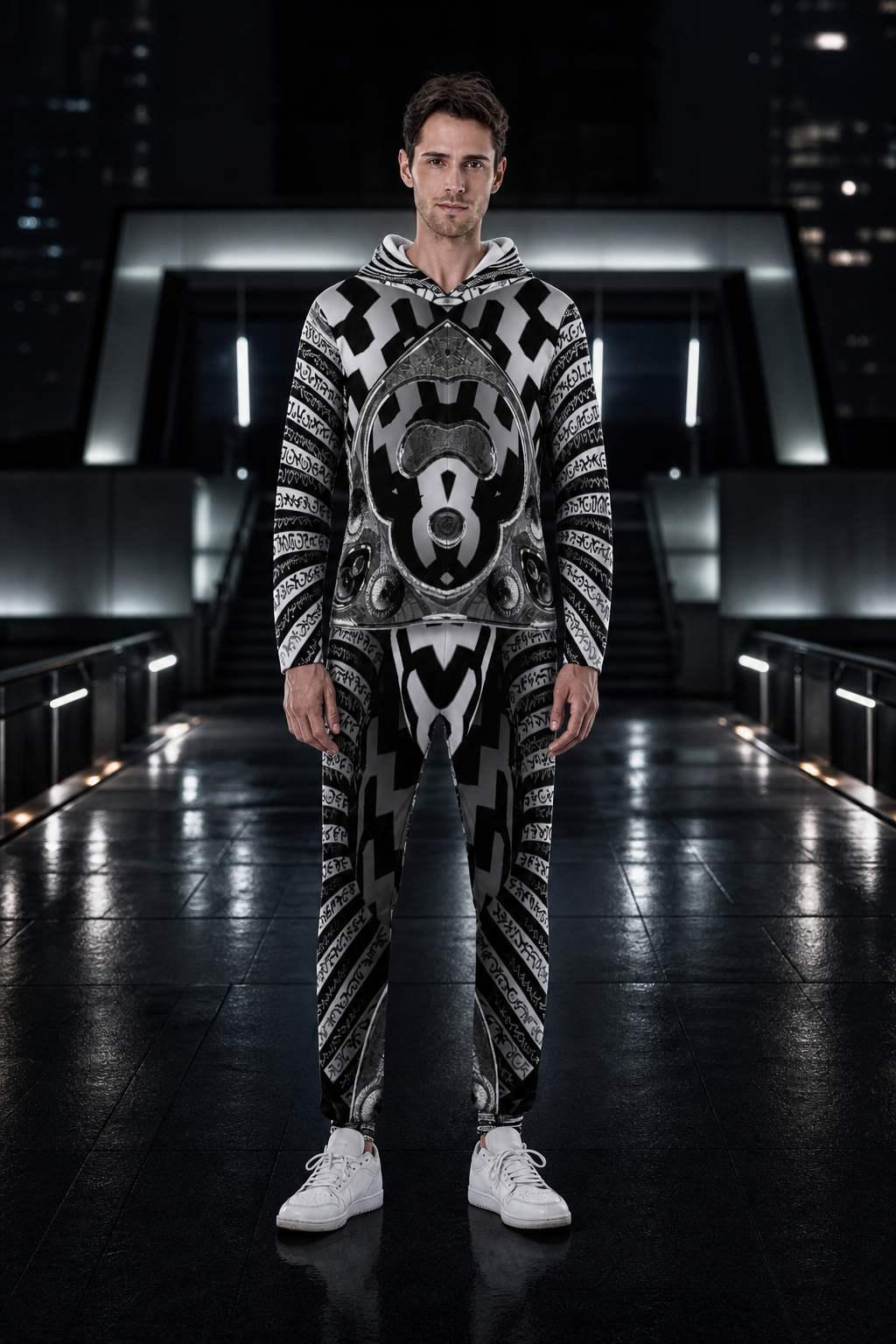 Hypnotica, Men's Hooded Jumpsuit, Festival Onesie, Wearable Art — lifestyle view 01 — 01-front-hero