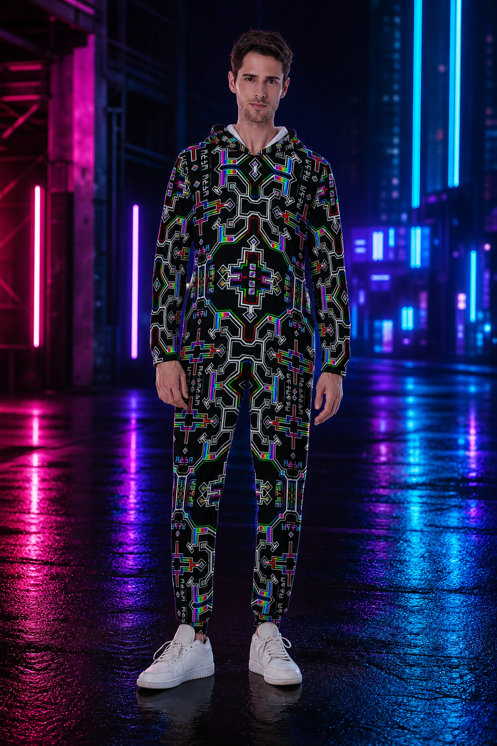 Prismatic Grid Men's Hooded Jumpsuit / Bodysuit / Onesie — lifestyle view 01 — 01-front-hero
