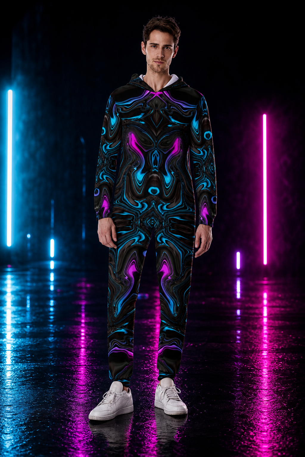 Liquid Sky Men's Hooded Jumpsuit / Bodysuit / Onesie — lifestyle view 01 — 01-front-hero