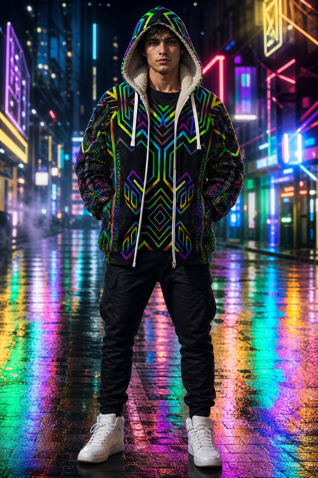 Tryptek III Microfleece Ziphoodie — neon city front lifestyle view