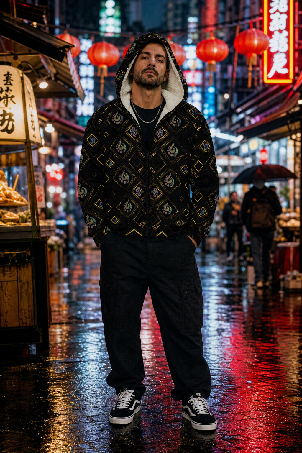 Xenocode Micro Fleece Zip-up Hoodie — neon night-market front lifestyle view