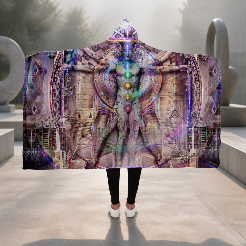 Approved lifestyle | Vitruvian Spirit Hooded Blanket, Chakra Figure Sacred Geometry Sherpa Throw, Visionary Art Gift, Esoteric Diagram Blanket | view 01 | 01_front_hero.png