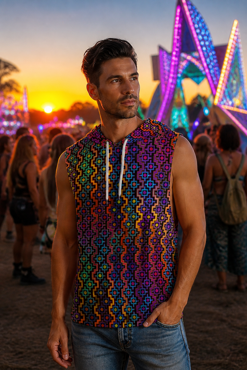 Rainbow Healing Hooded Tank Top, Psychedelic Sleeveless Festival Shirt, Neon Visionary Rave Top, Wearable Art Tank - lifestyle angle 1: hero front festival