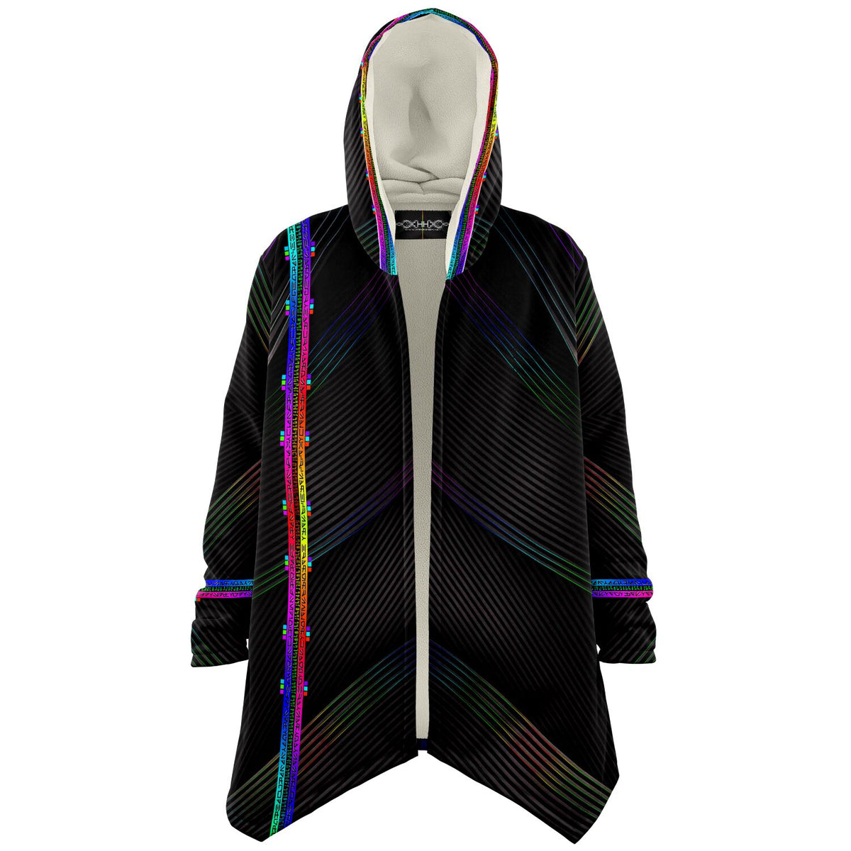 Solid Spectrum Micro Fleece Cloak, Hooded Wearable Art, Psychedelic Festival Layer — front — hood raised