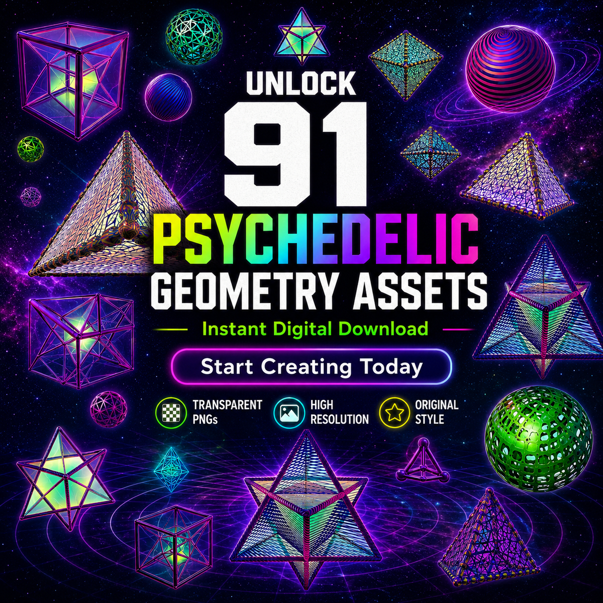 91 Psychedelic 3D Geometry PNG Assets, Transparent Sacred Geometry Clipart Pack for Digital Art & Design