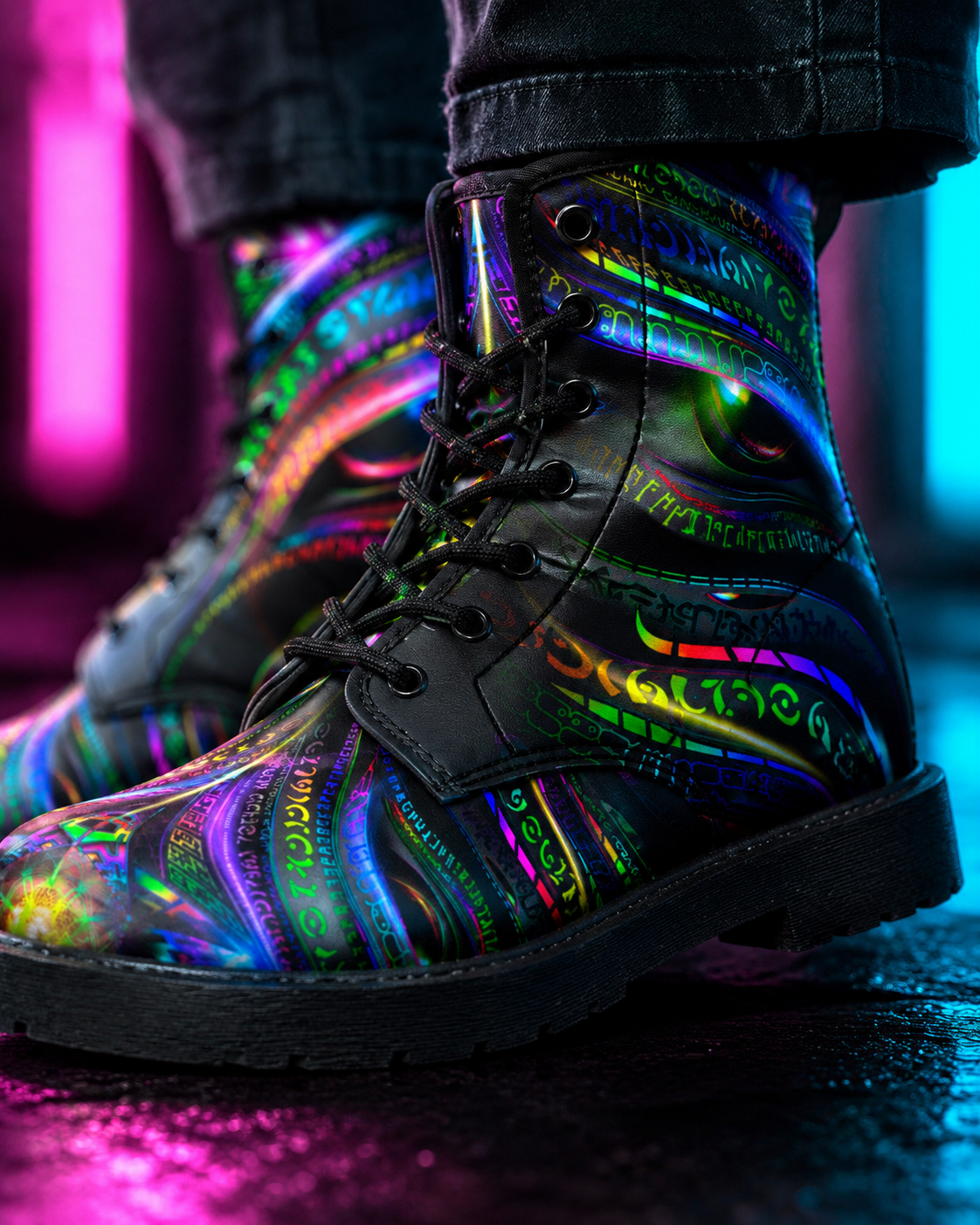 Enchanted Essence Psychedelic Combat Boots – Unisex Visionary Art Festival Boots