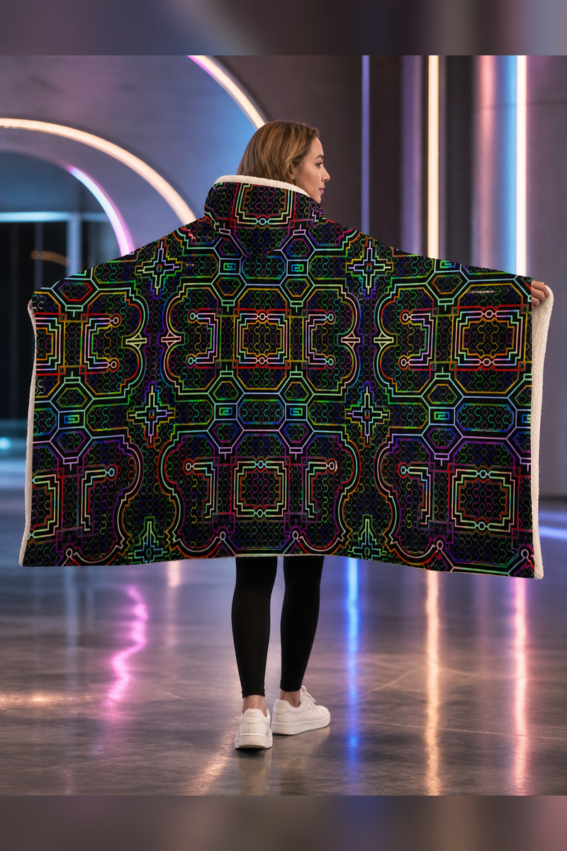 Icaro Hooded Blanket — approved rectangular back-panel lifestyle hero