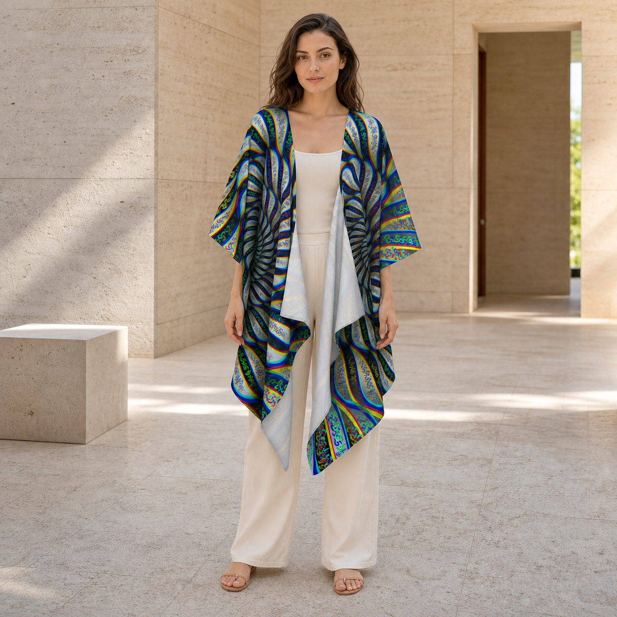 Phonetic Vortex Draped Kimono lifestyle front view