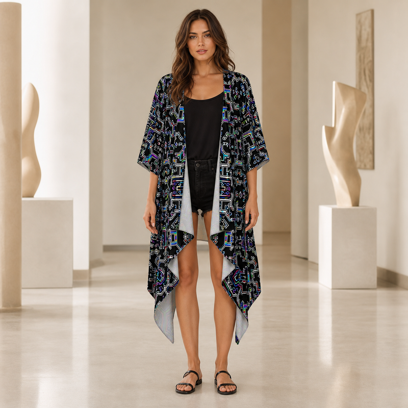 Prismatic Grid Draped Kimono lifestyle front view