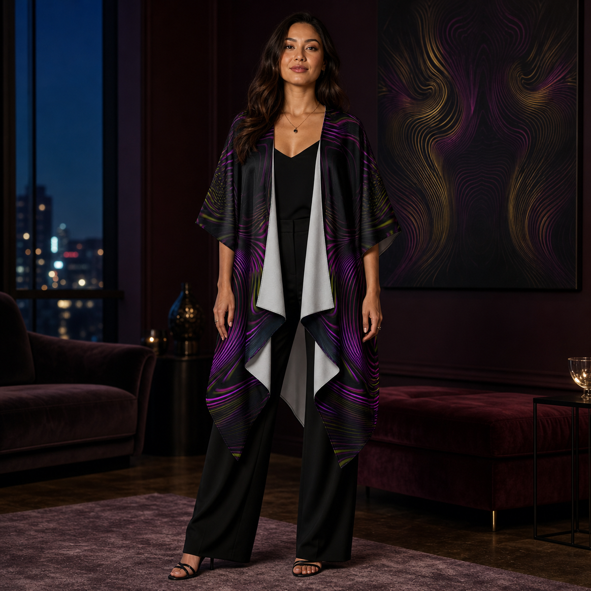 Velvet Flow Draped Kimono lifestyle front view