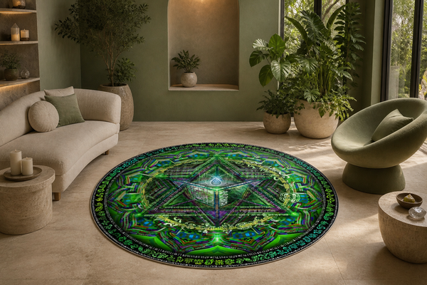 Anahata Green Heart Chakra Circular Rug — approved lifestyle view 01 — 01-hero-candidate