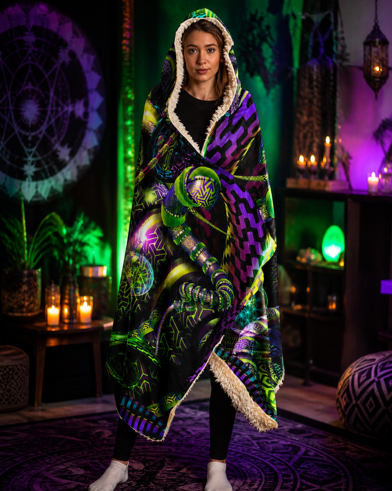 Mystic Temptation Hooded Blanket, Cosmic Shaman Neon Sherpa Throw, Bohemian Ceremonial Gift, Visionary Spiritual Blanket — approved lifestyle view 01 — 01-hero-candidate