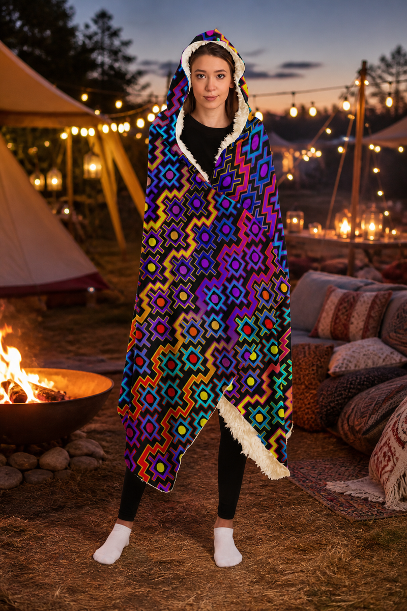 Rainbow Healing Hooded Blanket, Psychedelic Sherpa Wearable Blanket, Cozy Festival Cloak, Visionary Wearable Art - lifestyle angle 1: hero firelight camp