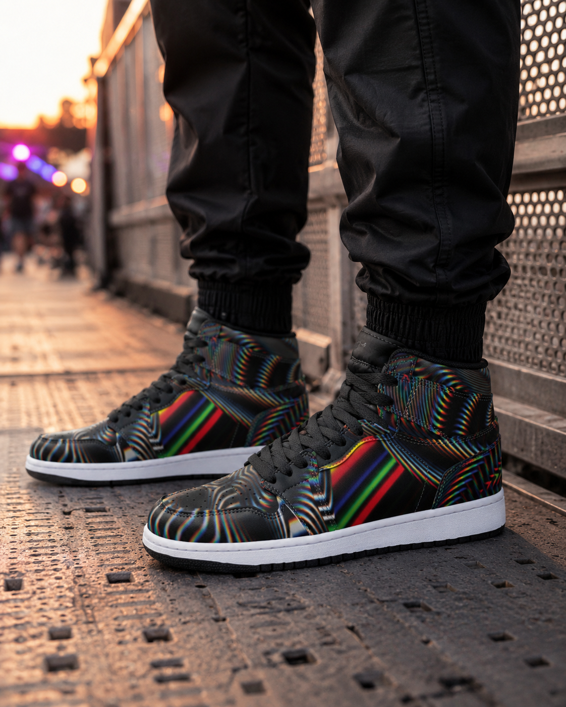 Waveform Unisex High Top Sneakers, Psychedelic Rainbow Shoes, Optical Illusion Streetwear
