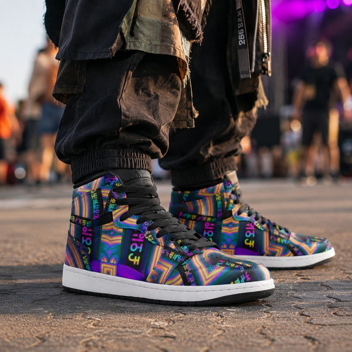 Tea Daze psychedelic rainbow high-top sneakers at a festival
