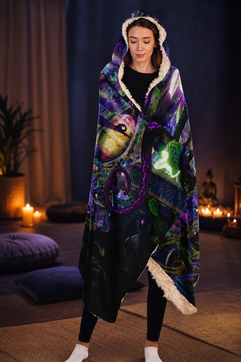 Union of Opposites Visionary Hooded Blanket, Meditating Figure Neon Sherpa Throw, Boho Meditation Gift, Spiritual Cosmic Throw — approved lifestyle view 01 — 01-hero-candidate