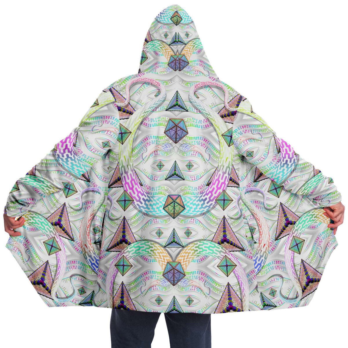 Hyperjewels Micro Fleece Cloak, Hooded Wearable Art, Psychedelic Festival Layer — front — hood raised