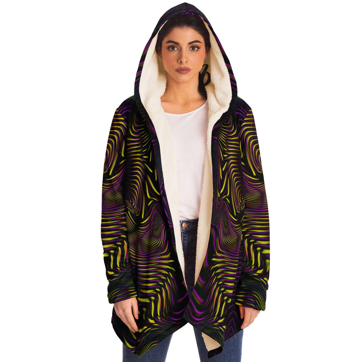Velvet Flow Micro Fleece Cloak, Hooded Wearable Art, Psychedelic Festival Layer — front — hood raised