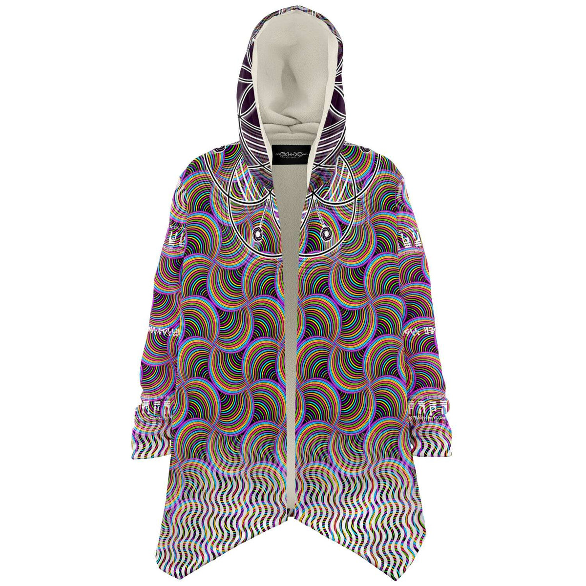 Sacred Seed Micro Fleece Cloak, Hooded Wearable Art, Psychedelic Festival Layer — front — hood raised