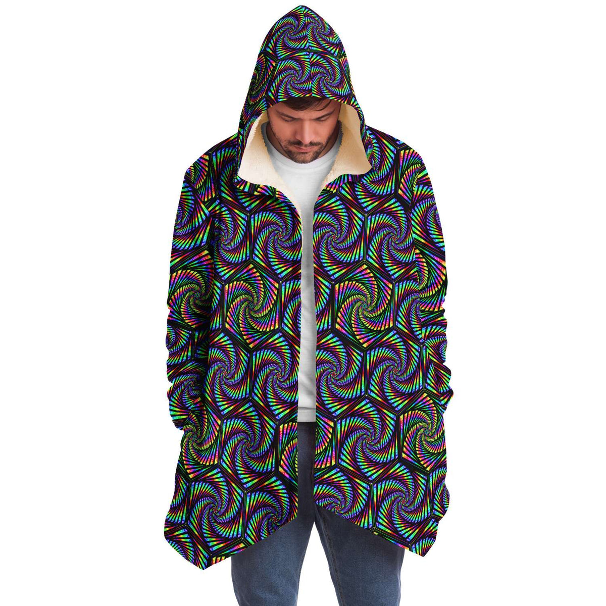 Vohex Micro Fleece Cloak, Hooded Wearable Art, Psychedelic Festival Layer — front — hood raised