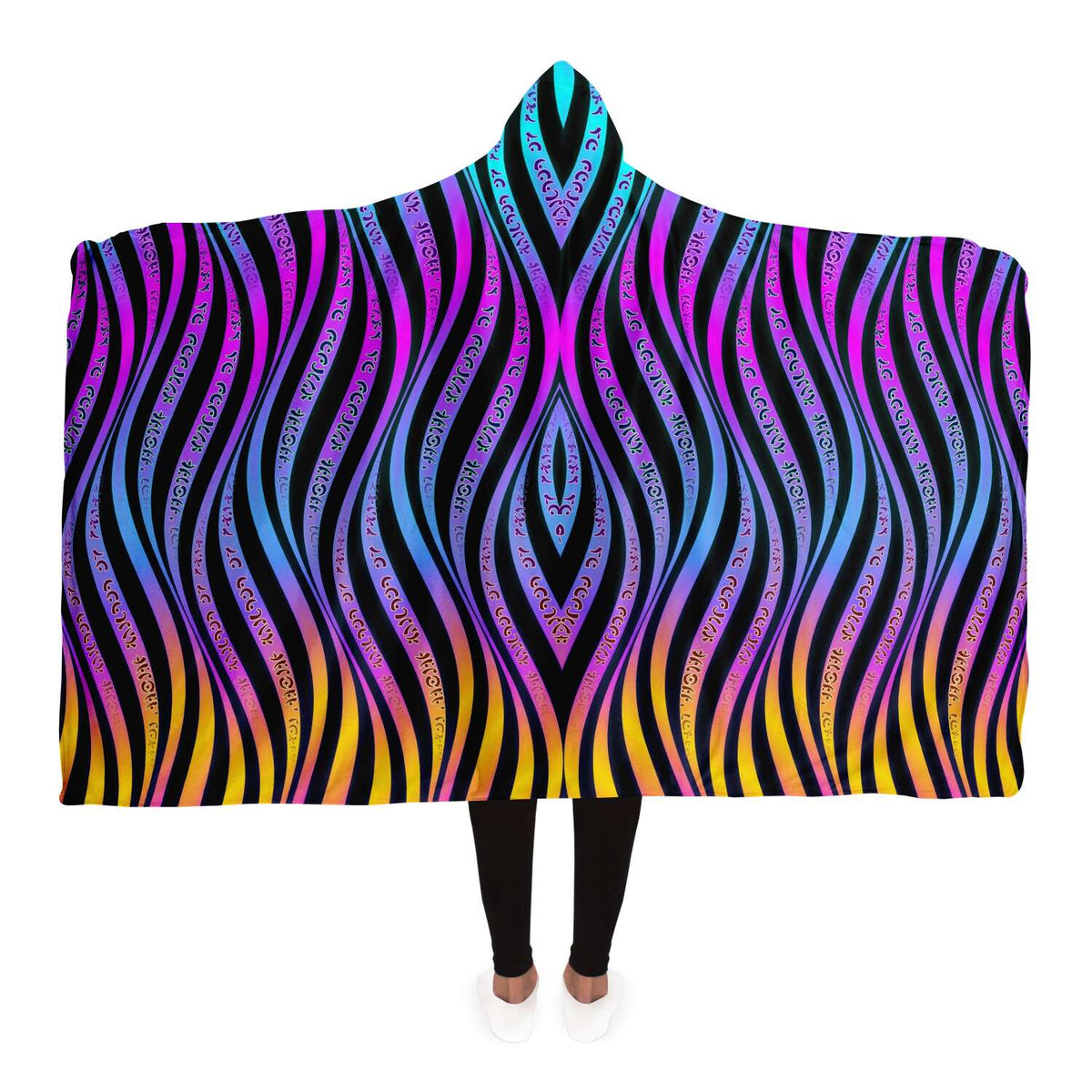 Xenowave Hooded Blanket, Neon Wave Geometric Sherpa Throw, Electric Boho Gift, Luminous Ribbon Blanket