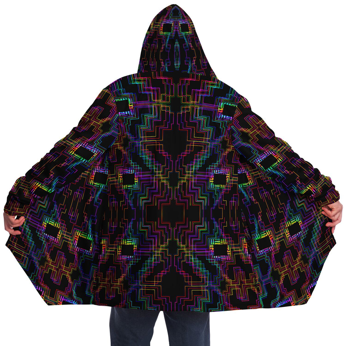 Psytron Micro Fleece Cloak, Hooded Wearable Art, Psychedelic Festival Layer — front — hood raised