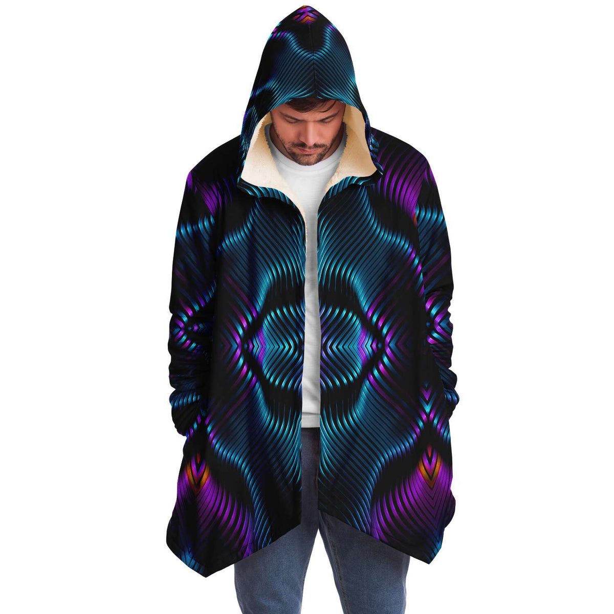 Xenoform Micro Fleece Cloak, Hooded Wearable Art, Psychedelic Festival Layer — front — hood raised