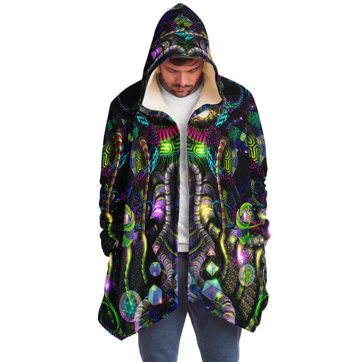 Mystic Temptation Micro Fleece Cloak, Hooded Wearable Art, Psychedelic Festival Layer — front — hood raised