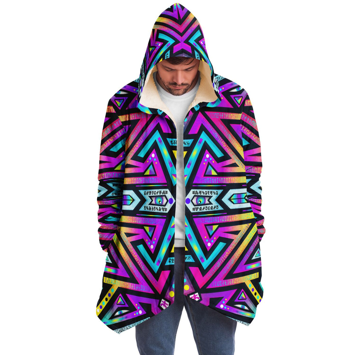 Mystic Mandala Micro Fleece Cloak, Hooded Wearable Art, Psychedelic Festival Layer — front — hood raised