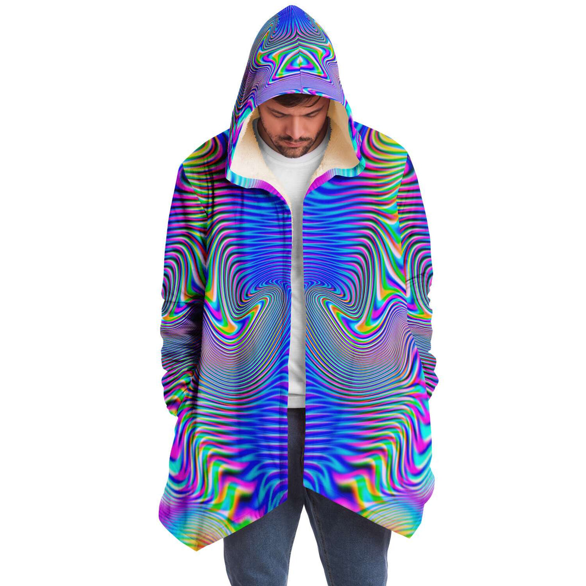 Holowave Micro Fleece Cloak, Hooded Wearable Art, Psychedelic Festival Layer — front — hood raised