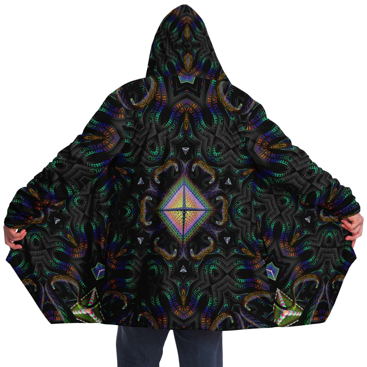 Hyperjewels Micro Fleece Cloak, Hooded Wearable Art, Psychedelic Festival Layer — front — hood raised