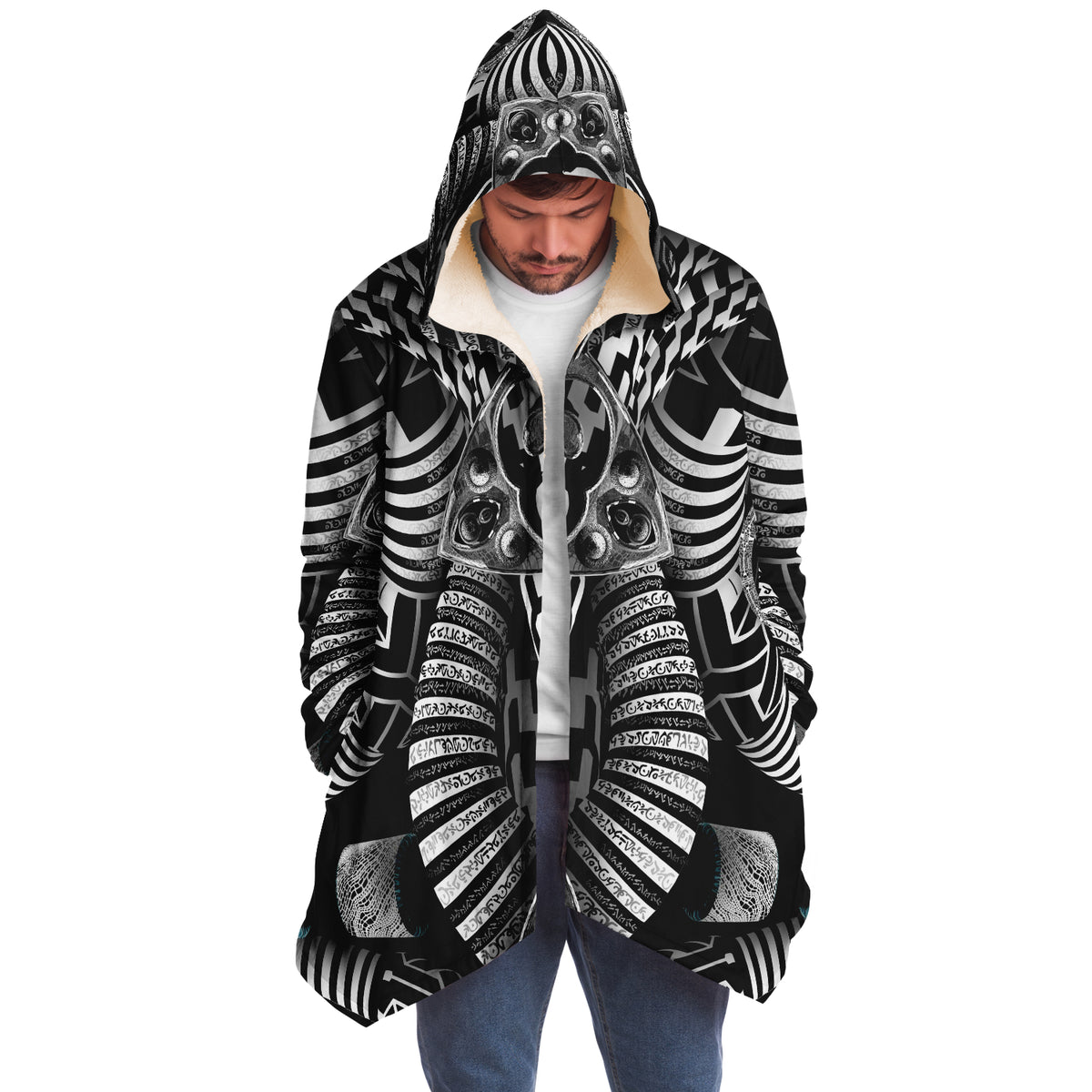 Hypnotica Micro Fleece Cloak, Hooded Wearable Art, Psychedelic Festival Layer — front — hood raised