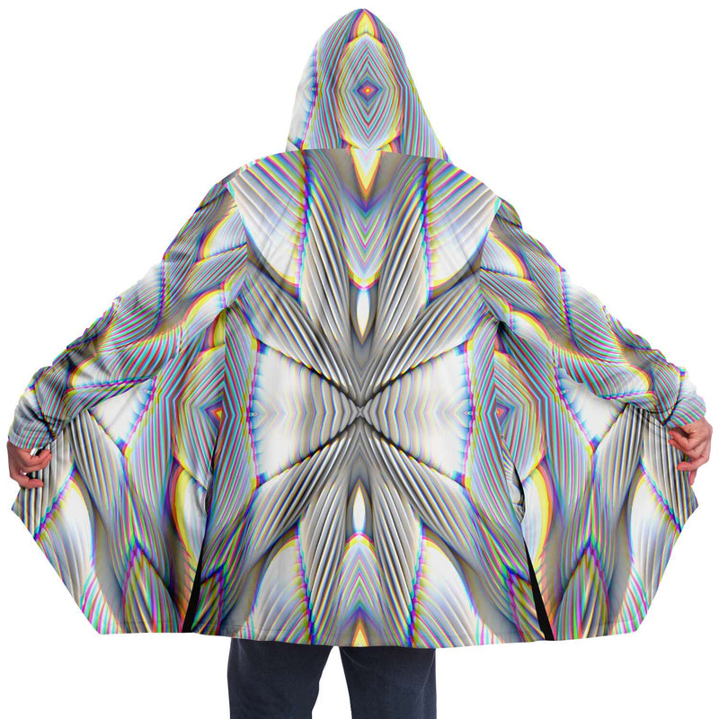 Stoned Micro Fleece Cloak, Hooded Wearable Art, Psychedelic Festival Layer — front — hood raised