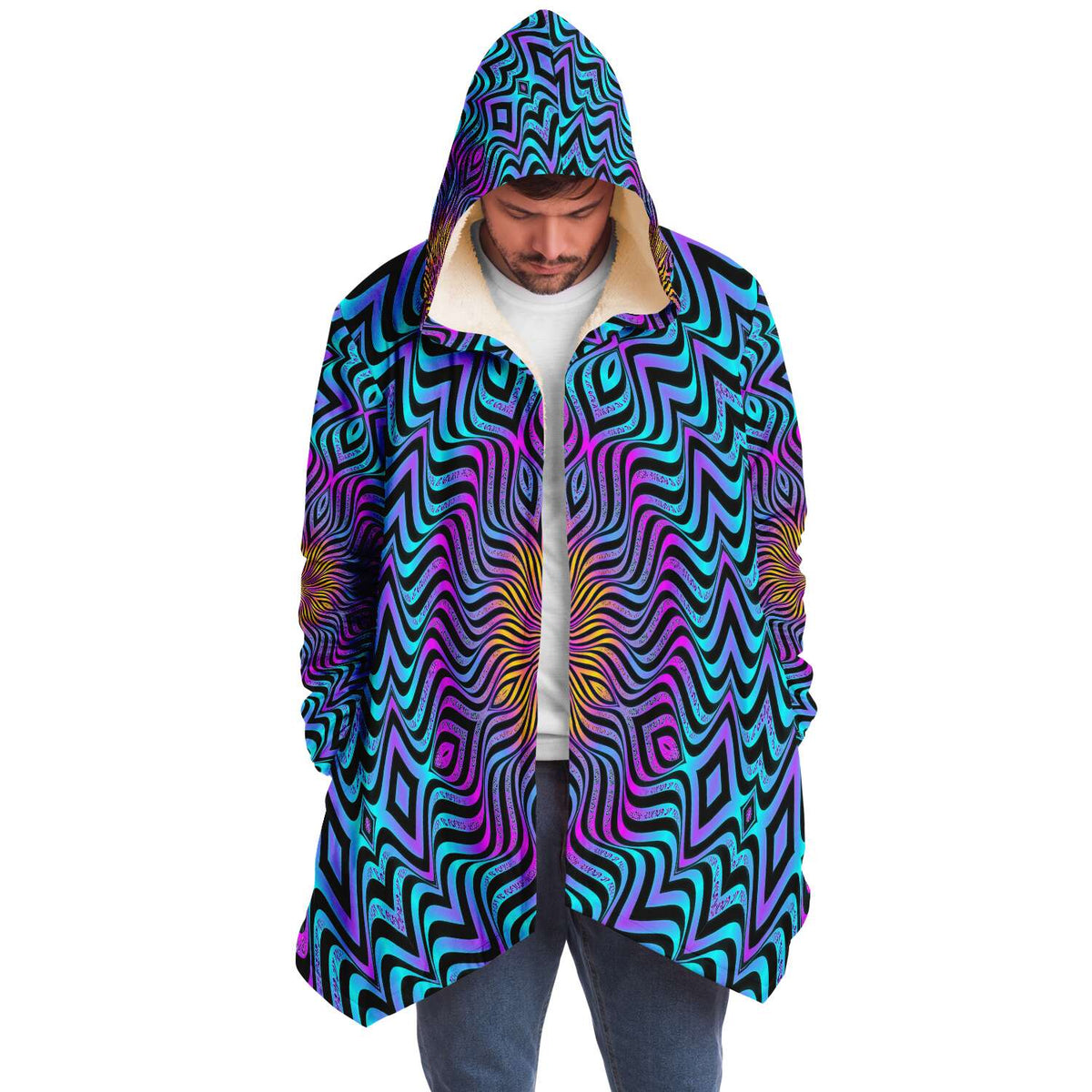 Xenoflow Micro Fleece Cloak, Hooded Wearable Art, Psychedelic Festival Layer — front — hood raised