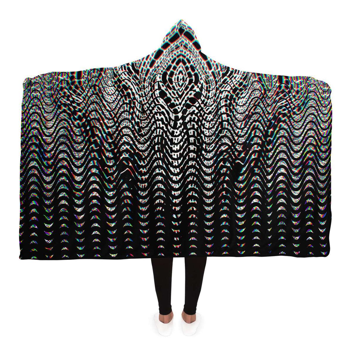 Organix Hooded Blanket, Optical Wave Glitch Sherpa Throw, Psychedelic Boho Gift, Black and White Visionary Blanket
