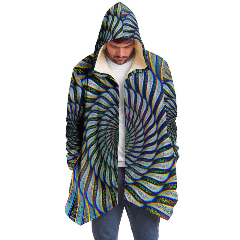 Phonetic Vortex Micro Fleece Cloak, Hooded Wearable Art, Psychedelic Festival Layer — front — hood raised