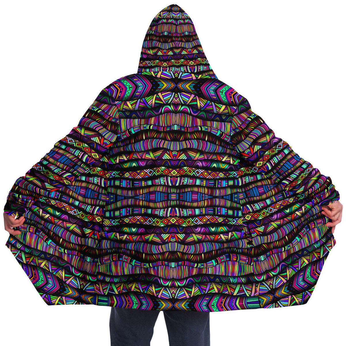 Rainbow Tribe Micro Fleece Cloak, Hooded Wearable Art, Psychedelic Festival Layer — front — hood raised