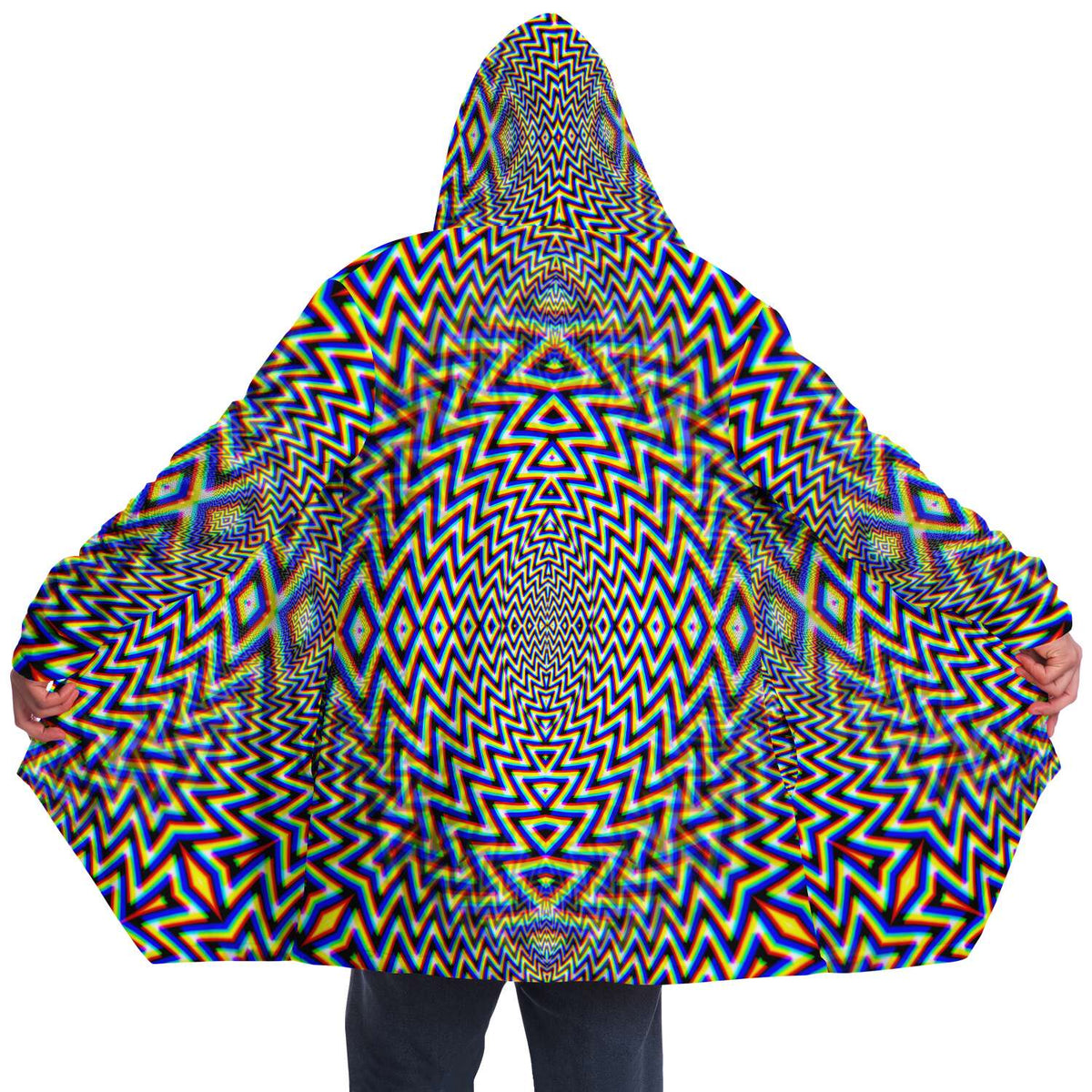 Hypnodelica Micro Fleece Cloak, Hooded Wearable Art, Psychedelic Festival Layer — front — hood raised