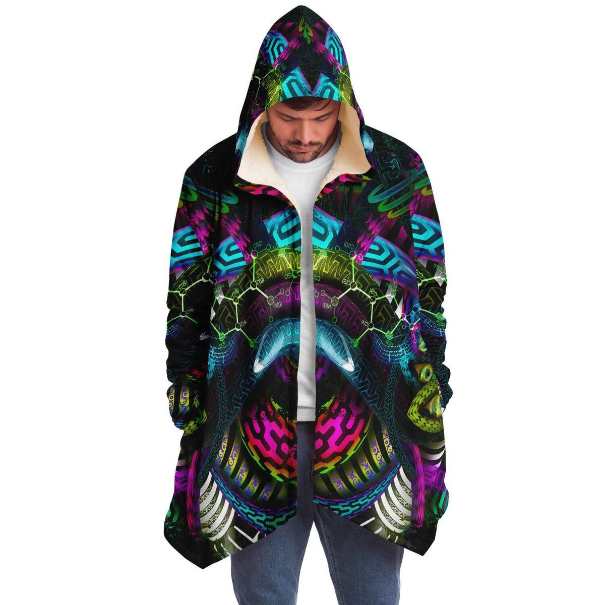 Jungle Juice Micro Fleece Cloak, Hooded Wearable Art, Psychedelic Festival Layer — front — hood raised