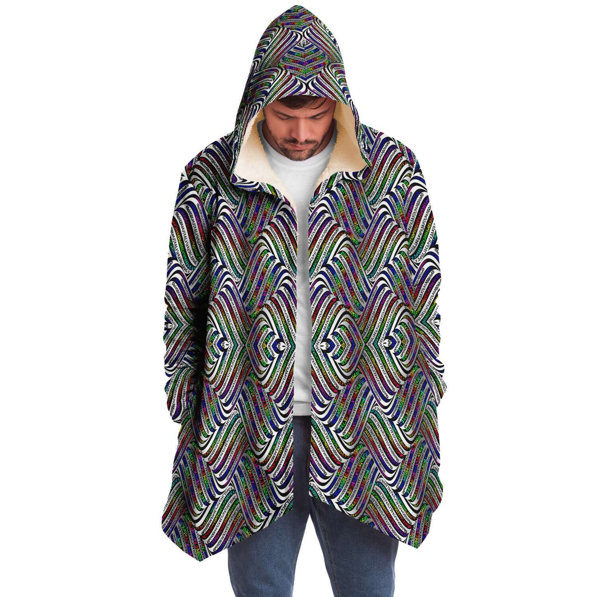 Hypnotic Hills Micro Fleece Cloak, Hooded Wearable Art, Psychedelic Festival Layer — front — hood raised