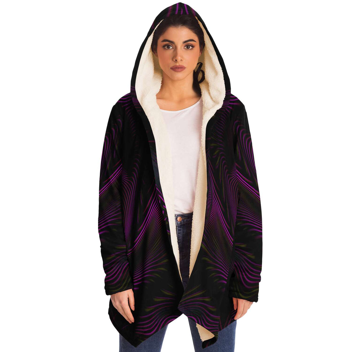Velvet Dream Micro Fleece Cloak, Hooded Wearable Art, Psychedelic Festival Layer — front — hood raised