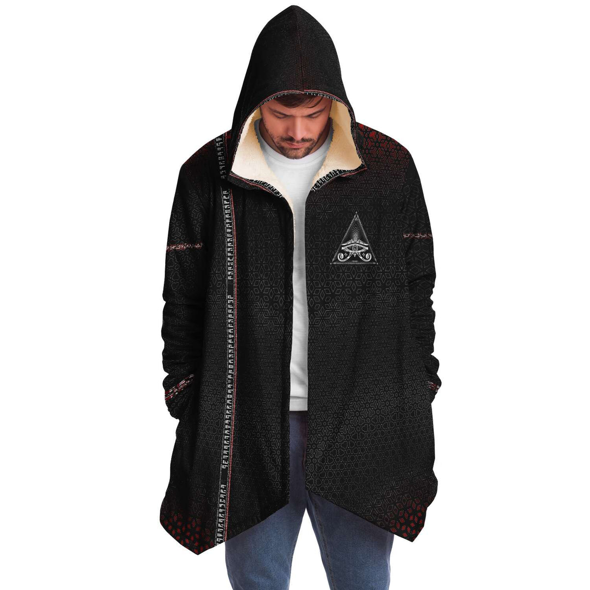 Singular Sight Cloak Micro Fleece Cloak, Hooded Wearable Art, Psychedelic Festival Layer — front — hood raised