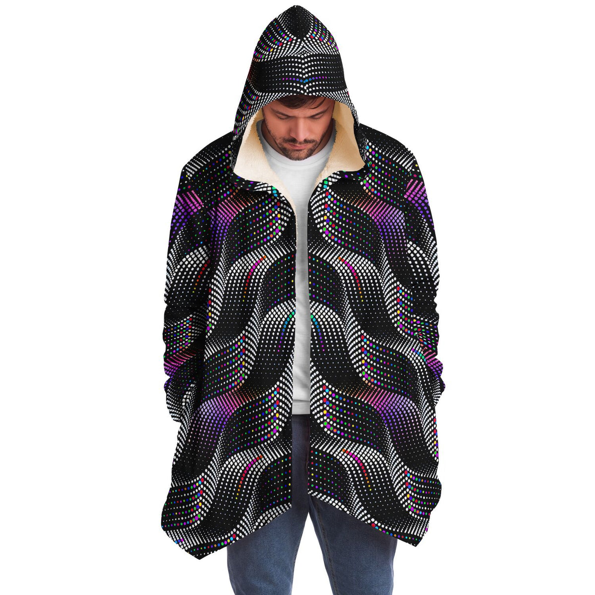 Color Coding Micro Fleece Cloak, Hooded Wearable Art, Psychedelic Festival Layer — front — hood raised
