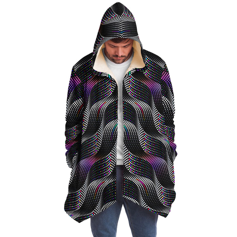 Color Coding Micro Fleece Cloak, Hooded Wearable Art, Psychedelic Festival Layer — front — hood raised