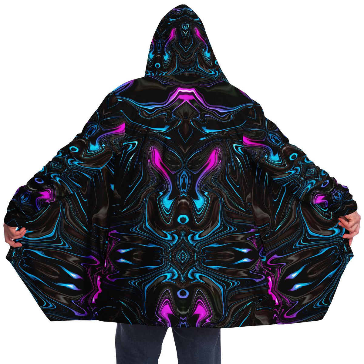 Liquid Sky Micro Fleece Cloak, Hooded Wearable Art, Psychedelic Festival Layer — front — hood raised