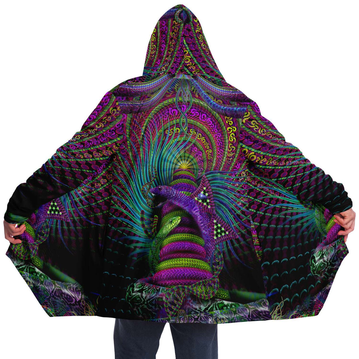 Kundalini Rising Micro Fleece Cloak, Hooded Wearable Art, Psychedelic Festival Layer — front — hood raised