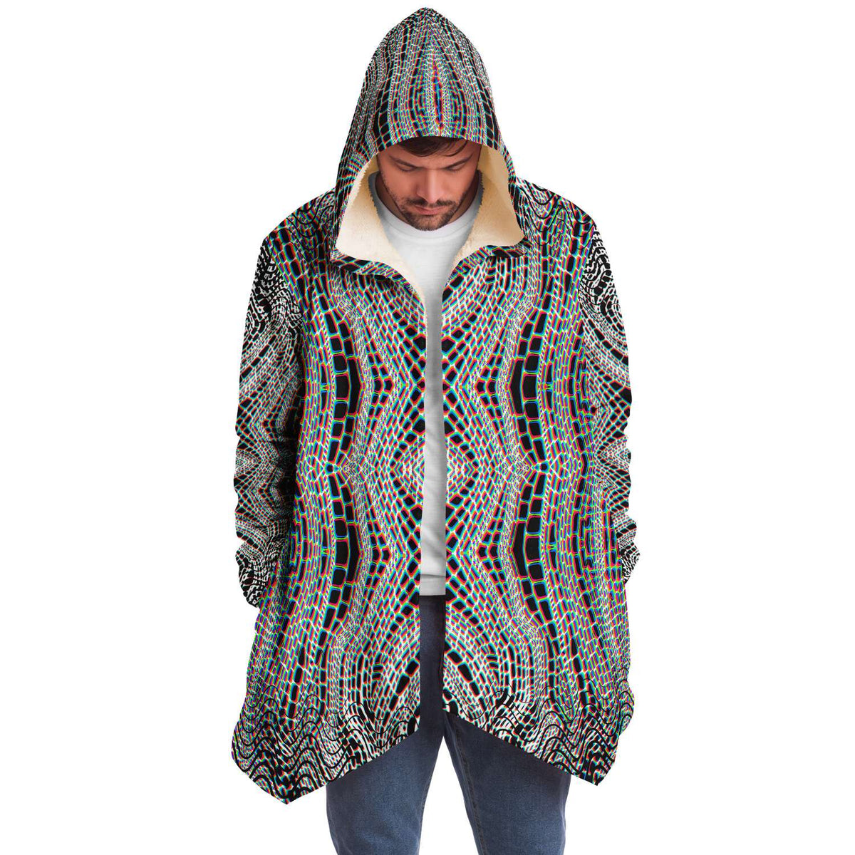 Organix Micro Fleece Cloak, Hooded Wearable Art, Psychedelic Festival Layer — front — hood raised
